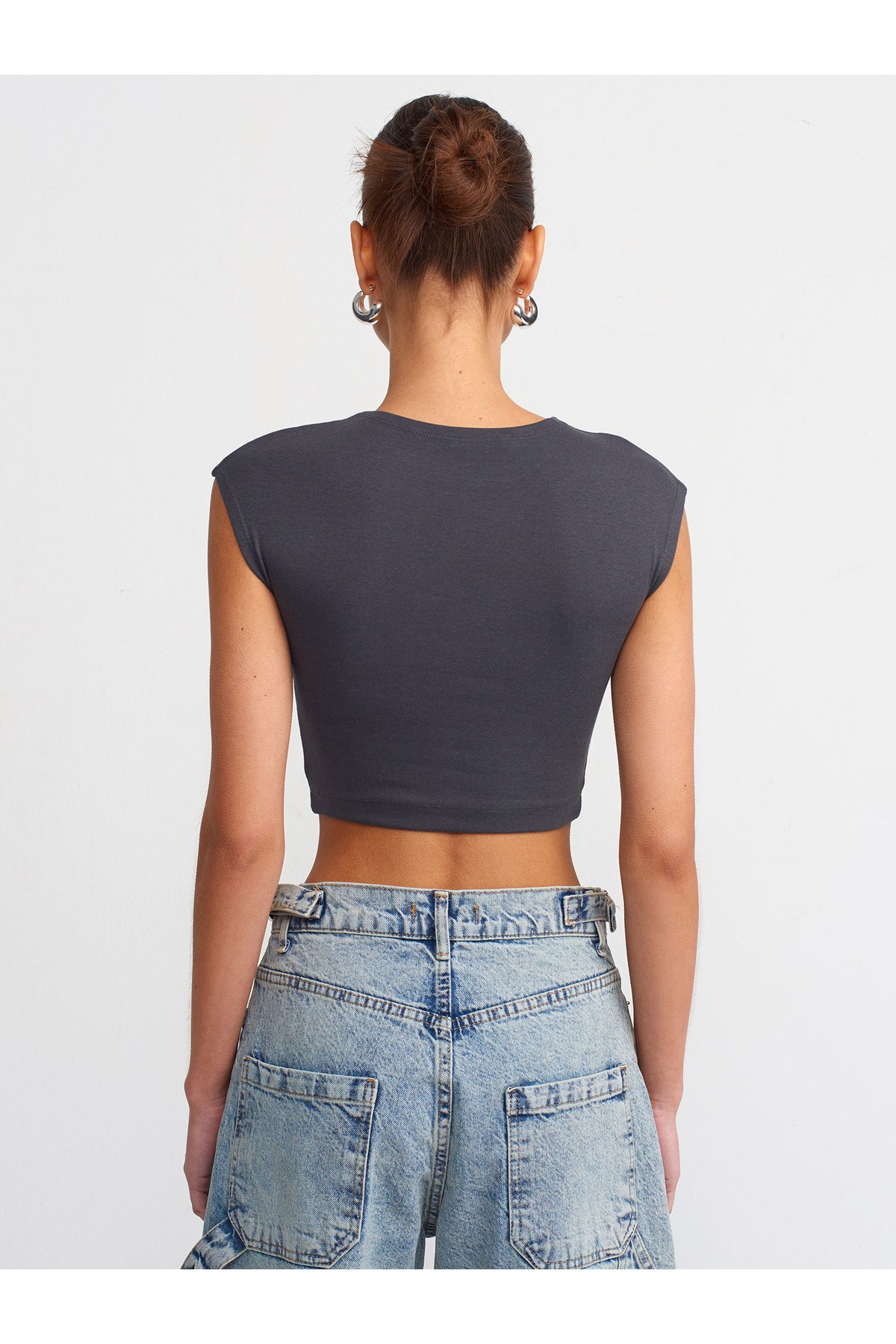 30528 Pamuk ve Modal  Karışımlı Crop Top-Antrasit