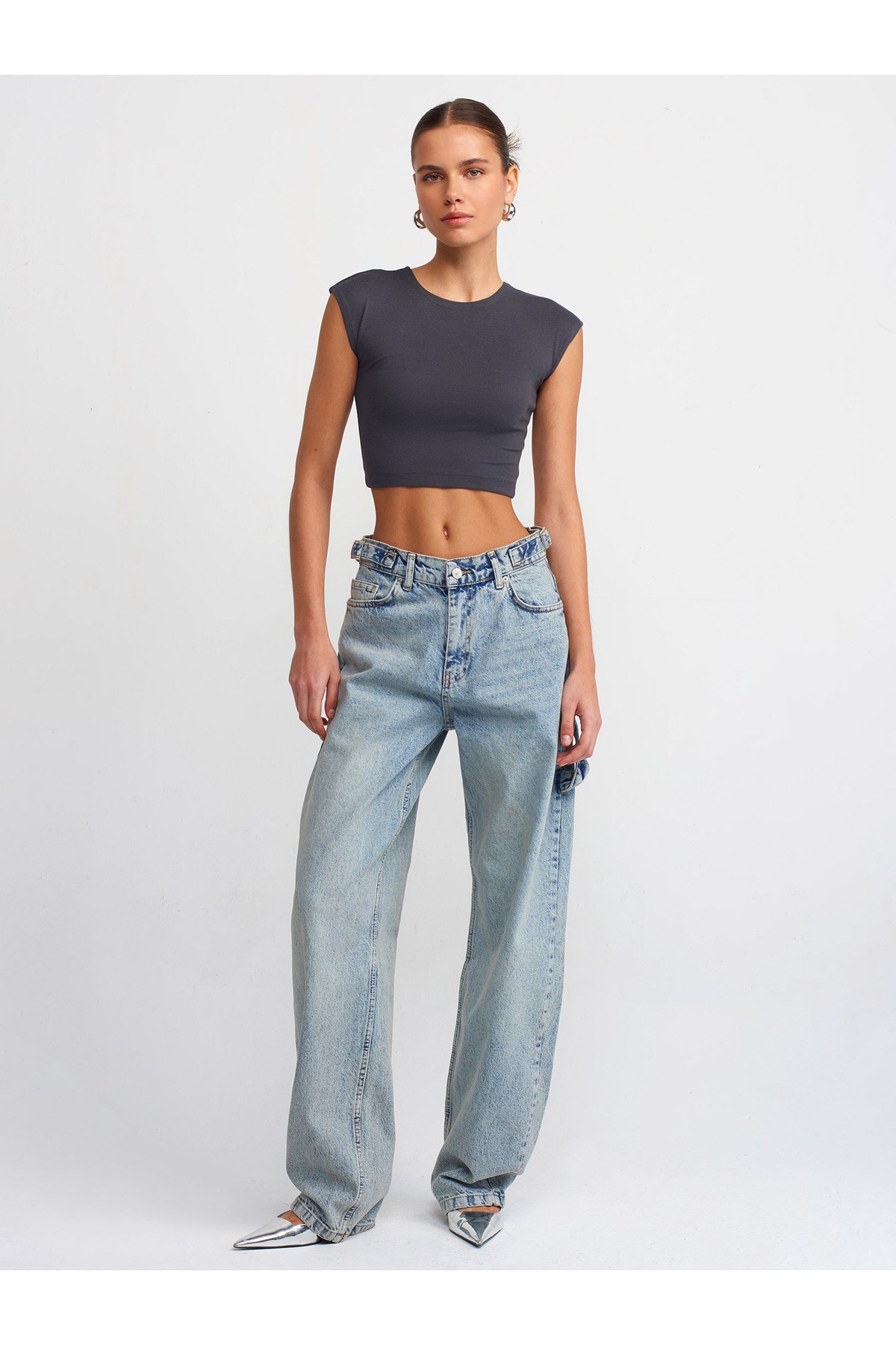 30528 Pamuk ve Modal  Karışımlı Crop Top-Antrasit