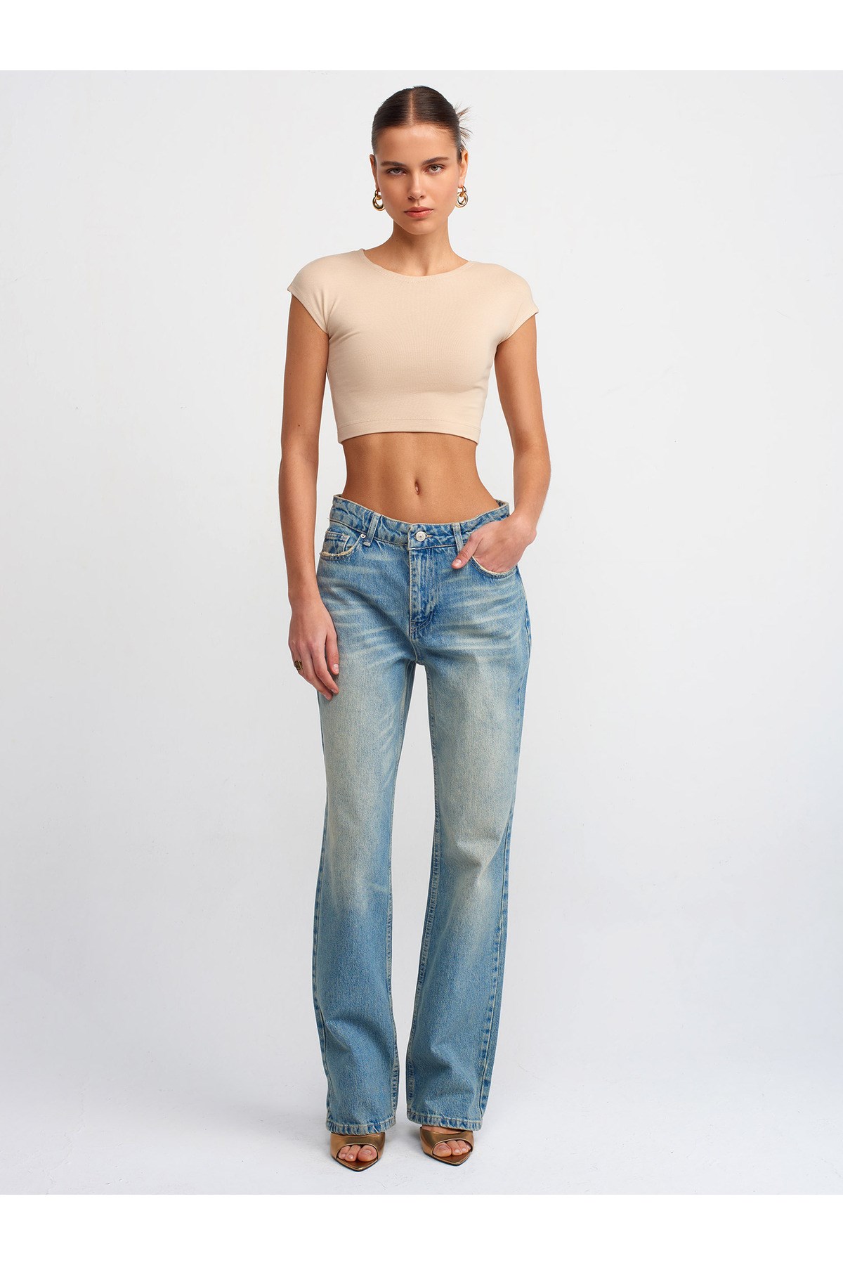 30528 Pamuk ve Modal  Karışımlı Crop Top-Açık Bej