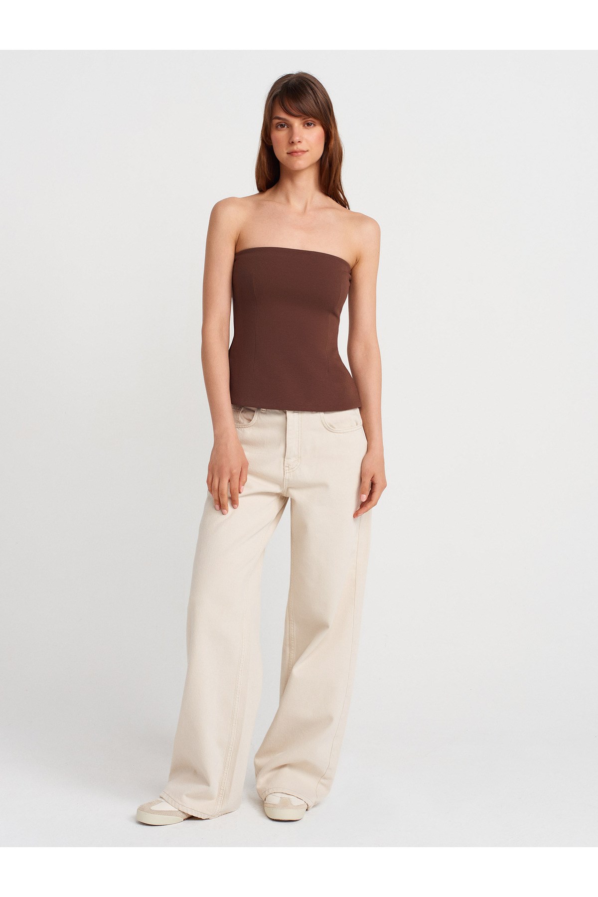31860 Straplez Top-Açık Kahve
