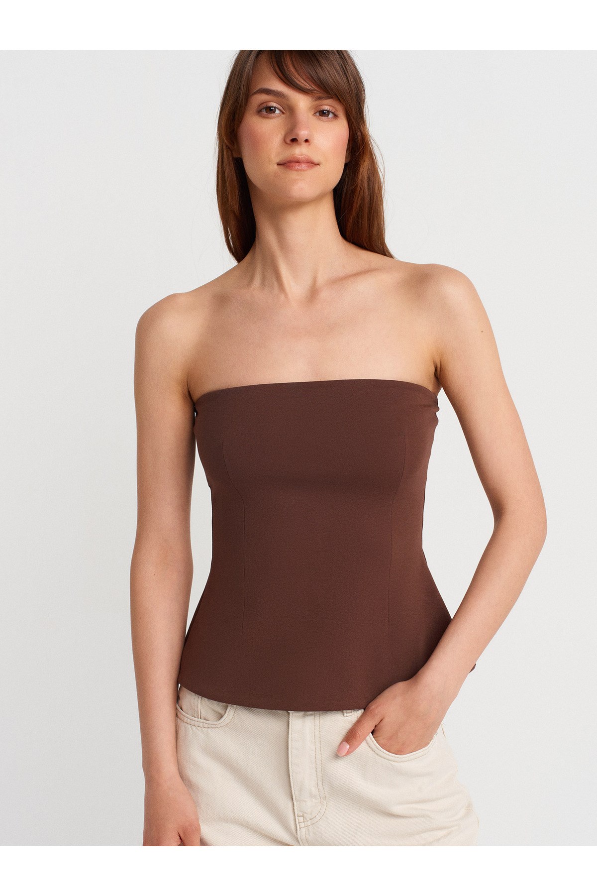31860 Straplez Top-Açık Kahve