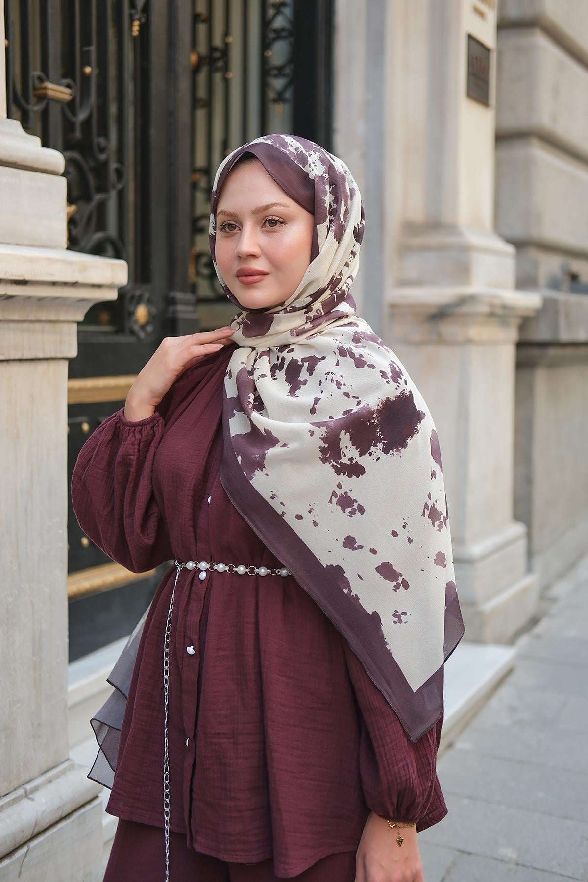 Fırça Desen Fransız İpeği Şal Mürdüm