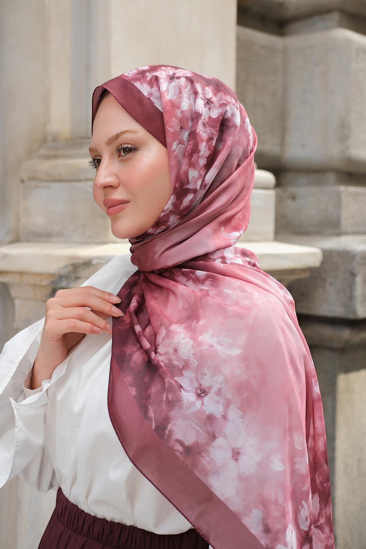 Flora Desen Fransız İpeği Şal Bordo