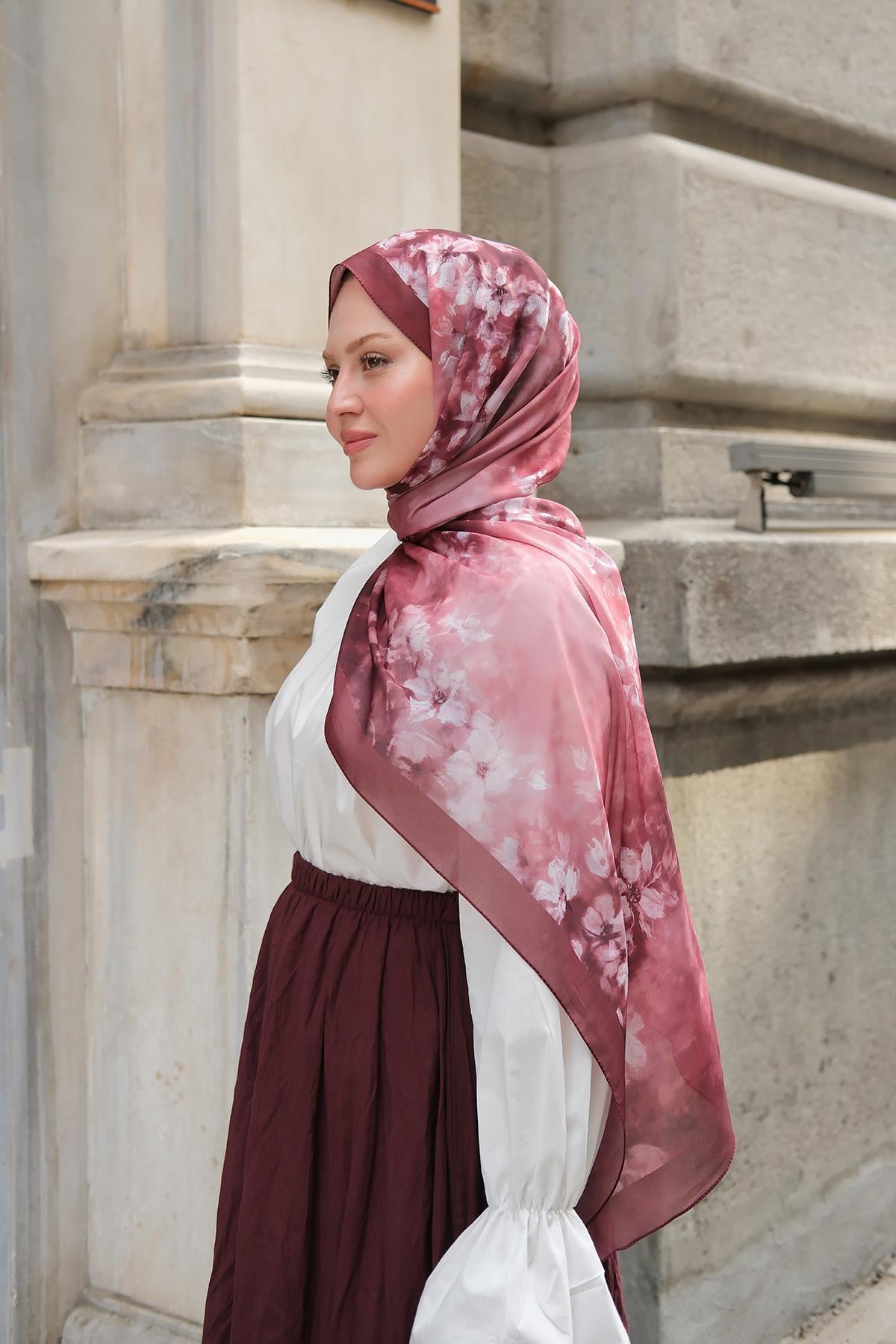 Flora Desen Fransız İpeği Şal Bordo