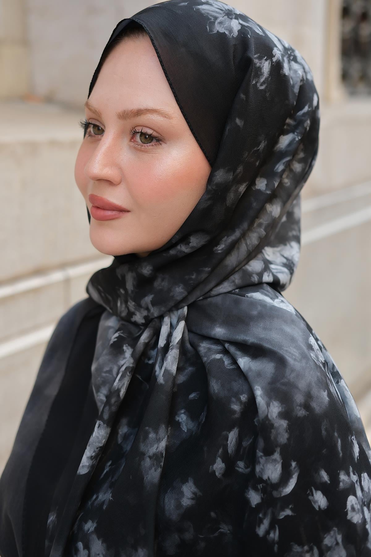 Flora Desen Fransız İpeği Şal Siyah