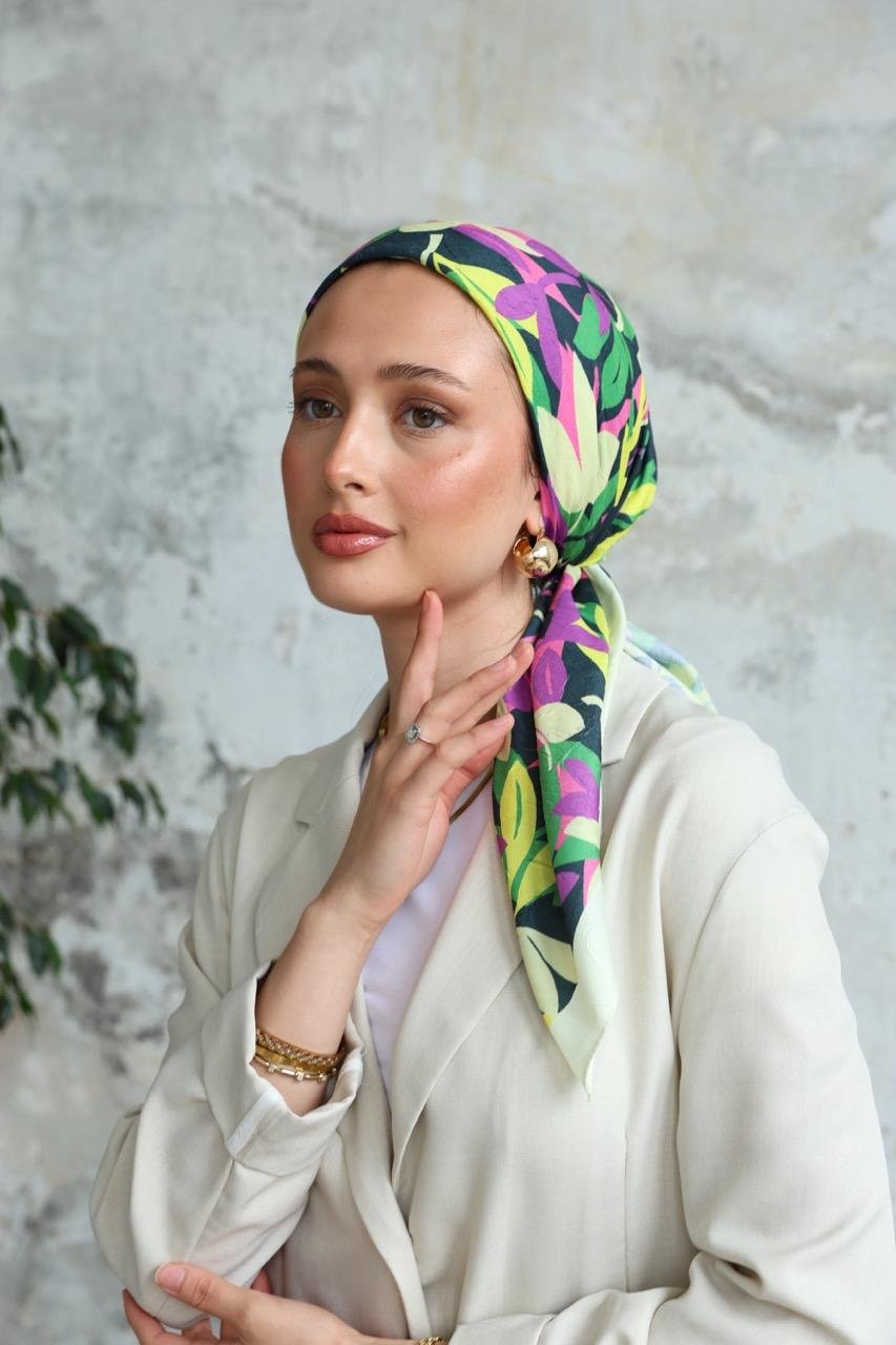 Yaprak Desen Bambu Kraş Eşarp Limon