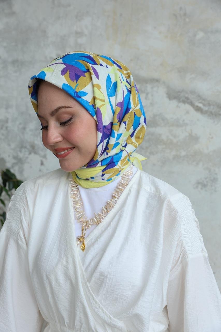 Yaprak Desen Bambu Kraş Eşarp Mavi