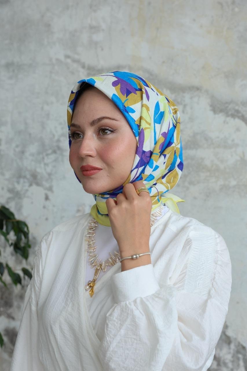 Yaprak Desen Bambu Kraş Eşarp Mavi