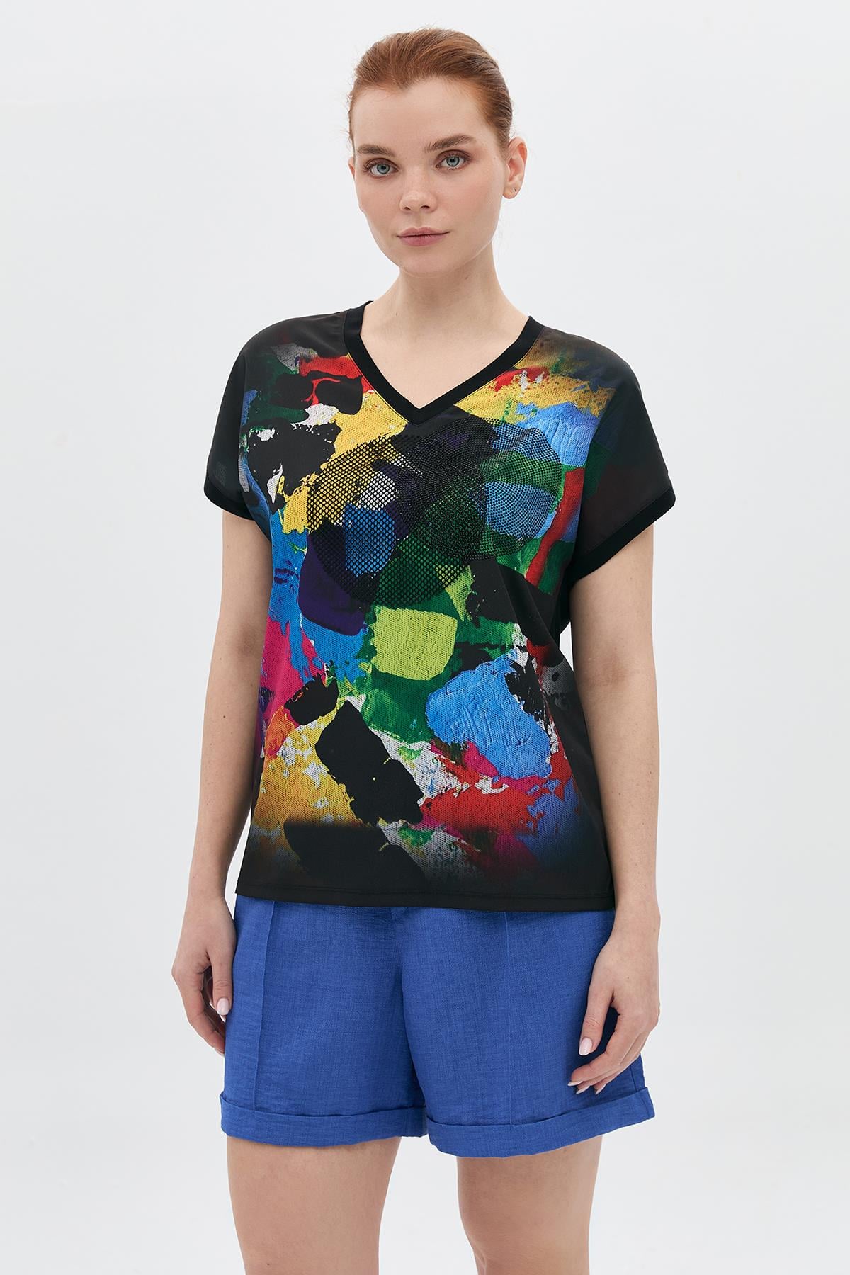 Dijital Baskılı File Garnili V Yaka T-Shirt