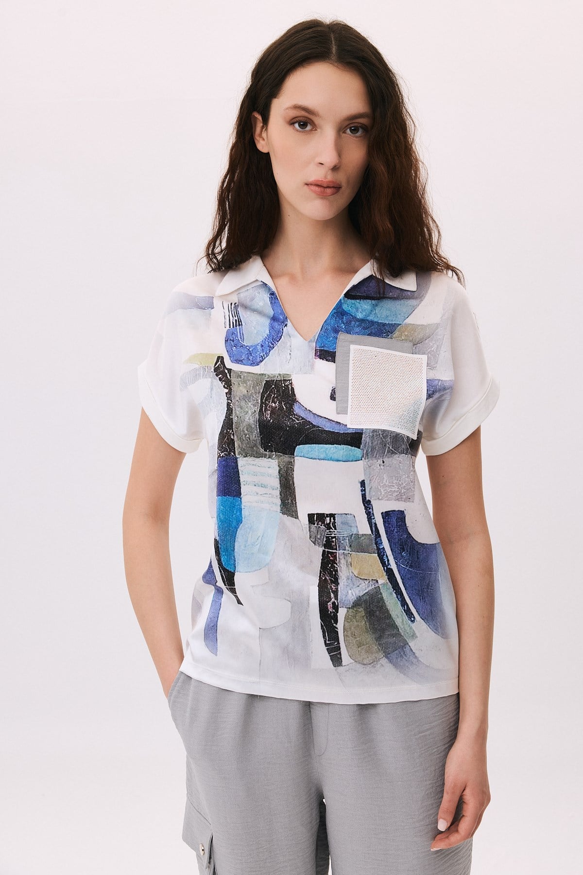 Polo Yaka Dijital Taş Cepli T-Shirt