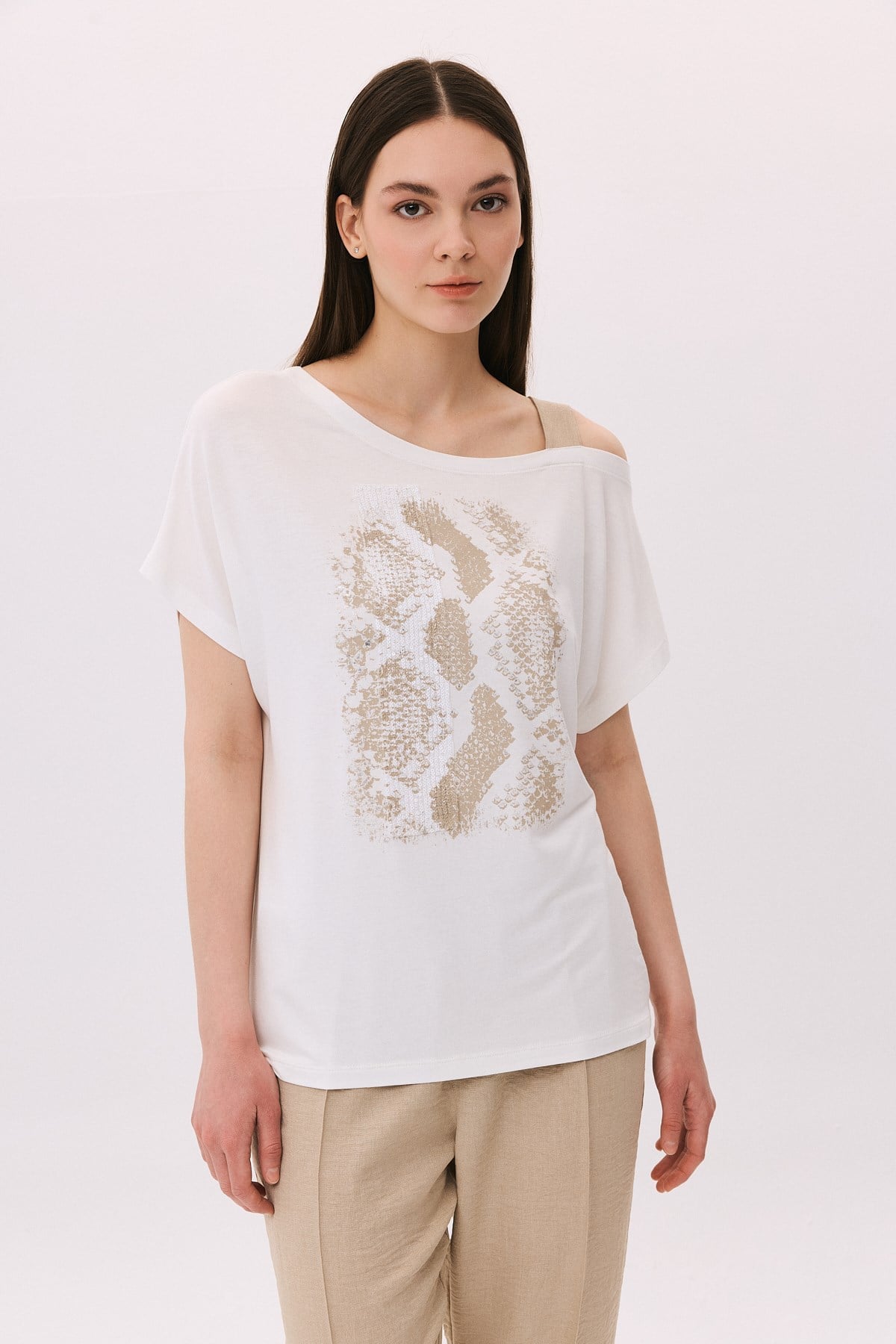 Tek Omuz Payetli Yılan Derisi Baskılı T-Shirt