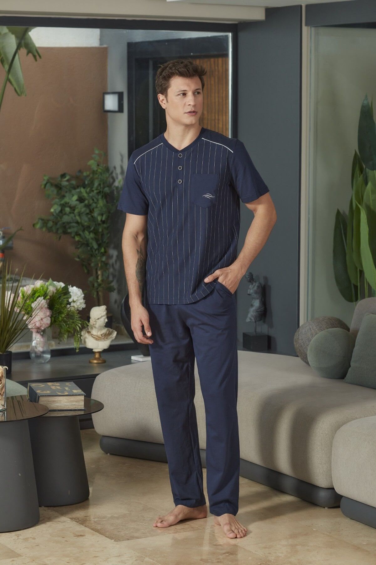 Aqua Erkek Kısa Kol Çizgili Pijama Takım LACİVERT Erkek Pijama Takımı AQUA