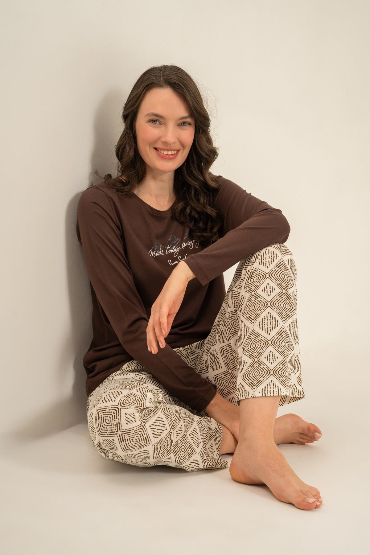 Pierre Cardin Bayan Uzun Kol Pijama Takım KAHVE KONFEKSİYON PİERRE CARDİN