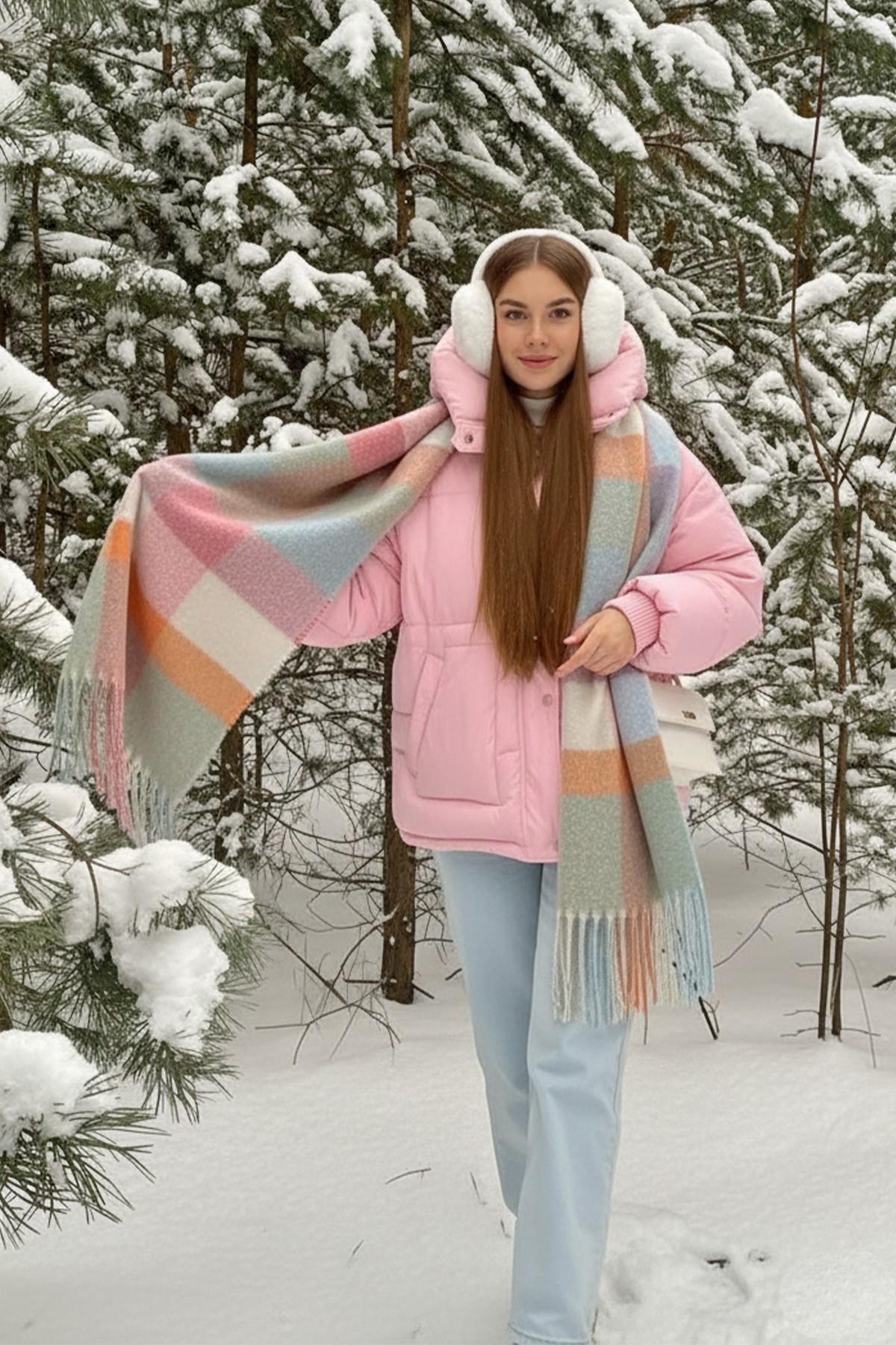 İthal Puffy Pastel Kare Desenli Atkı Şal Omuz Şalı