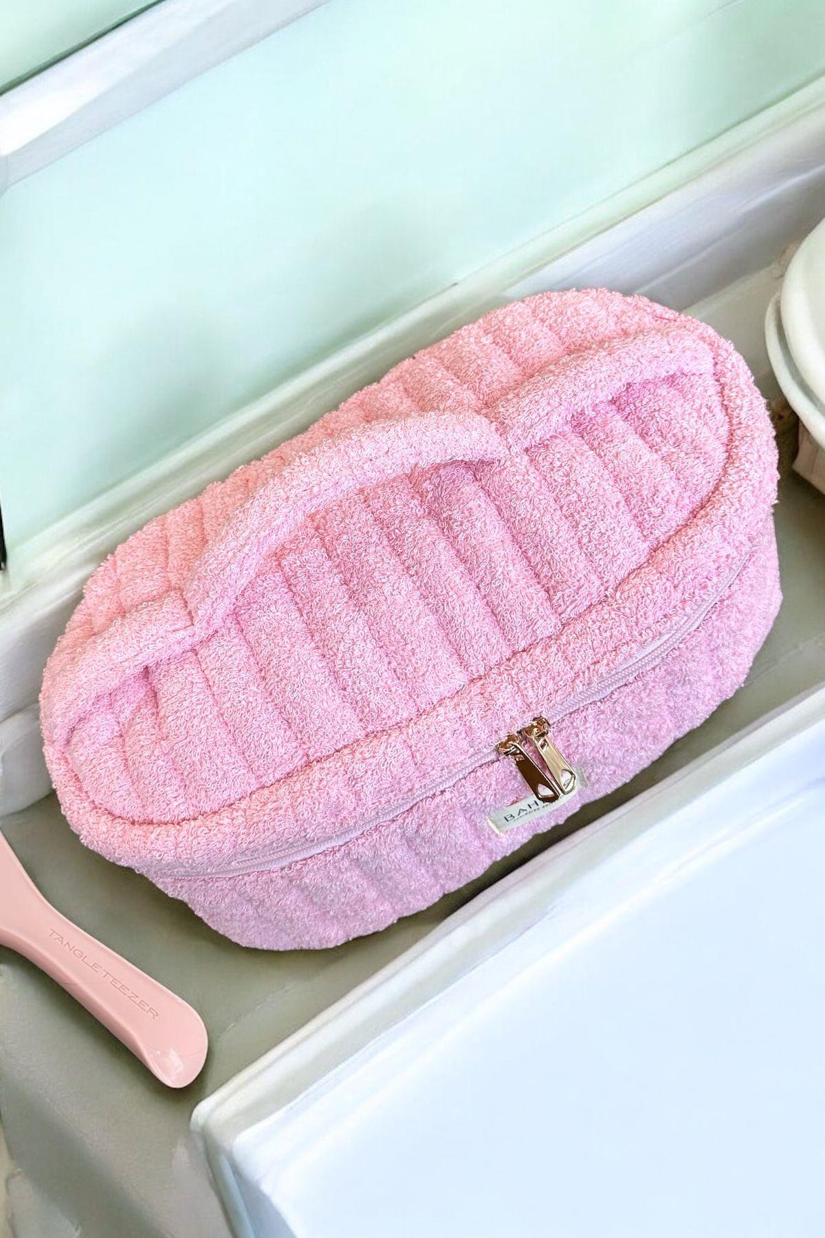 Pembe Havlu  İçi Bölmeli Tüm Saç Şekillendirici İçin Xl Boy Çanta Seyahat Çantası
