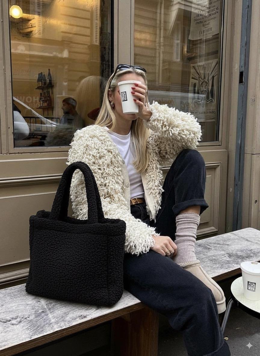 Teddy Peluş Siyah Tote Bag Omuz Çantası