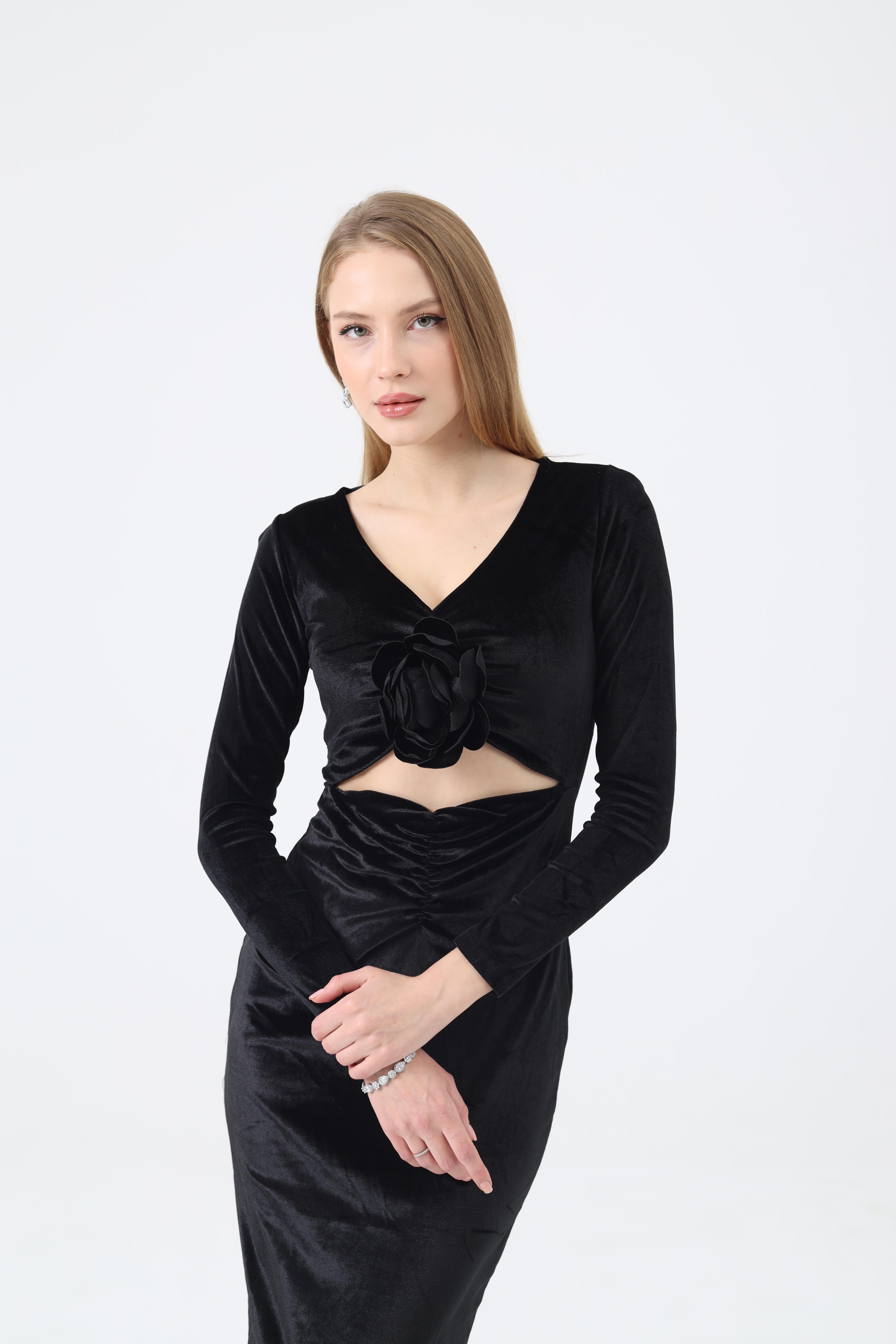 Dilek Aydın Atelier Siyah Gül Detaylı Elbise
