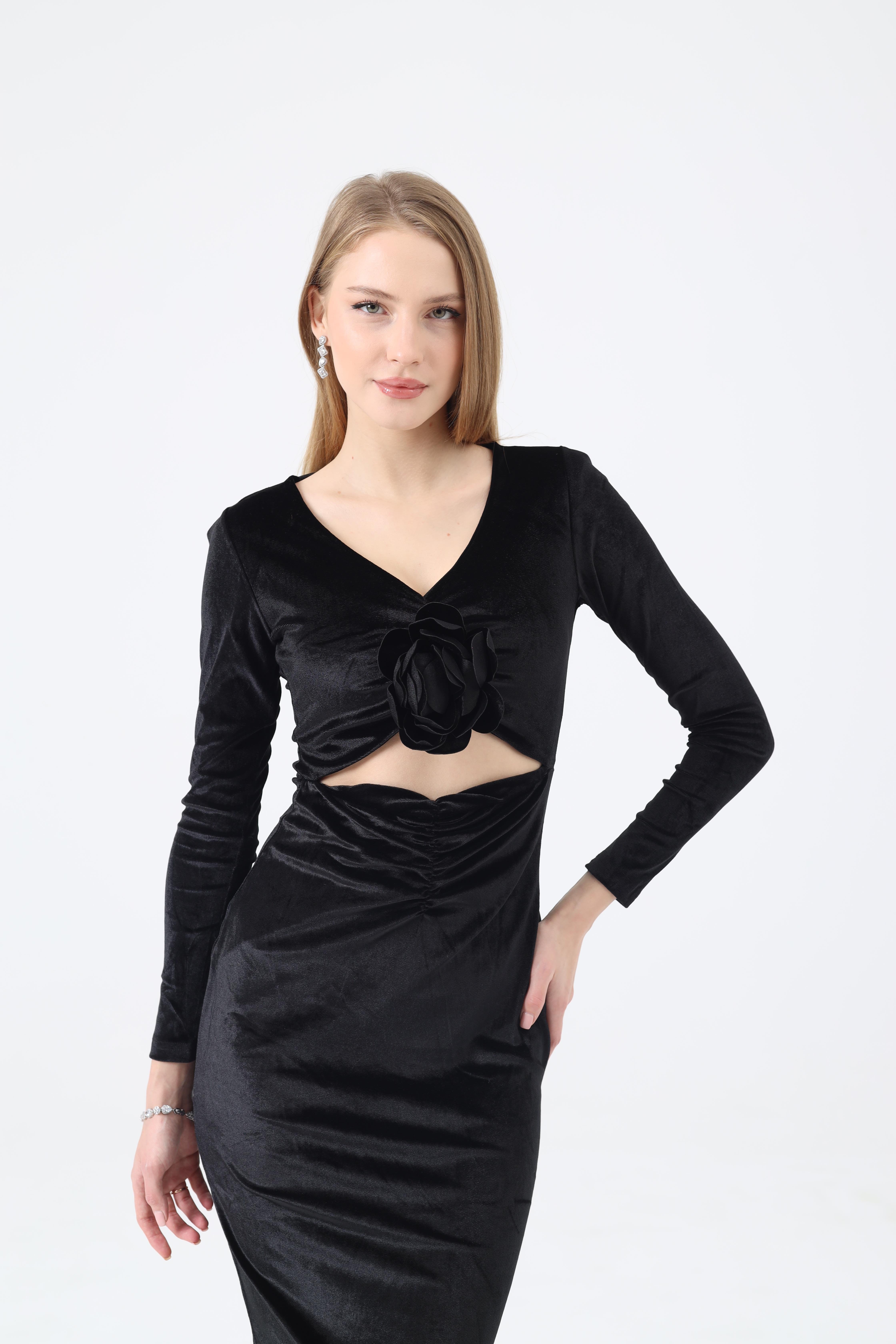 Dilek Aydın Atelier Siyah Gül Detaylı Elbise