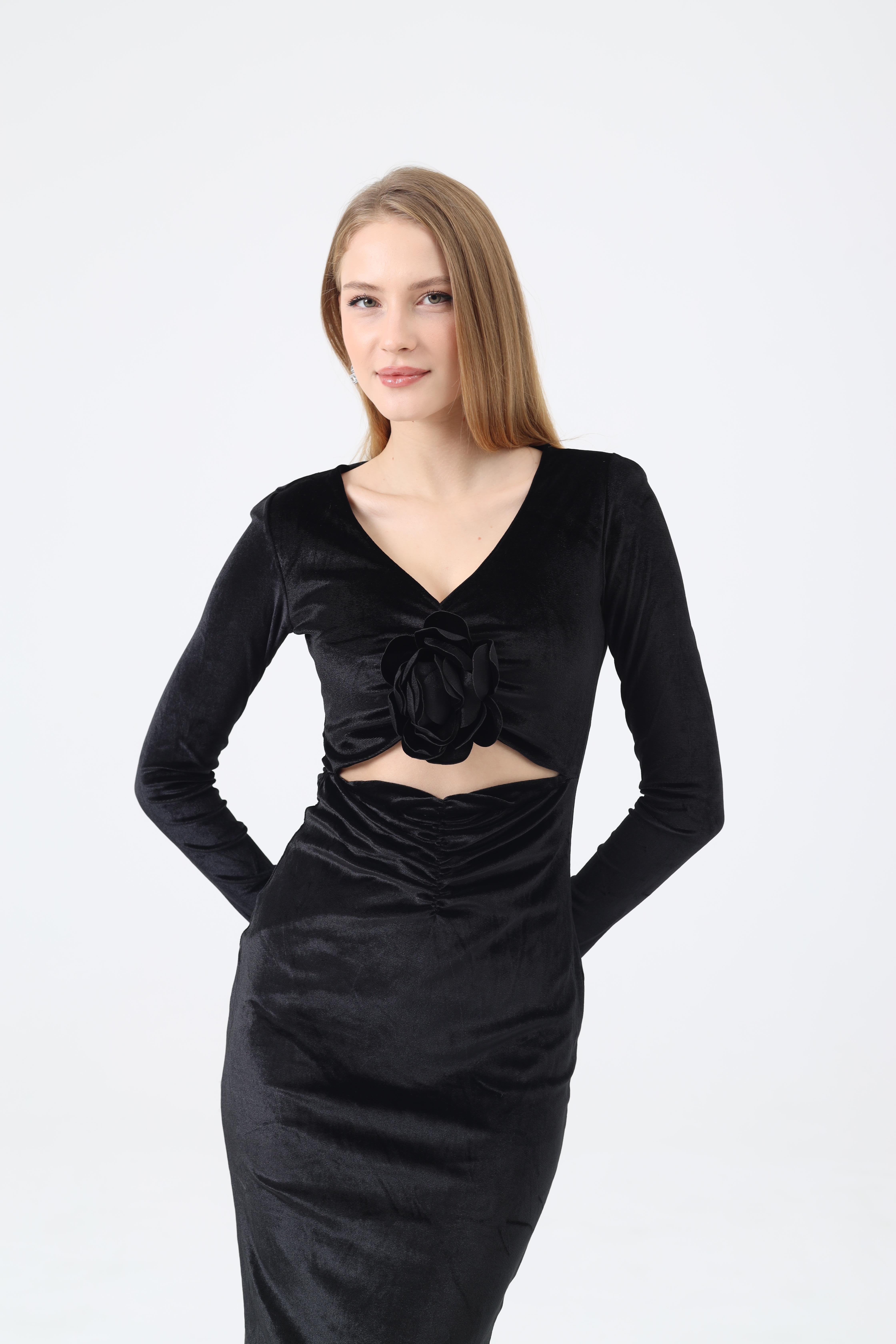 Dilek Aydın Atelier Siyah Gül Detaylı Elbise