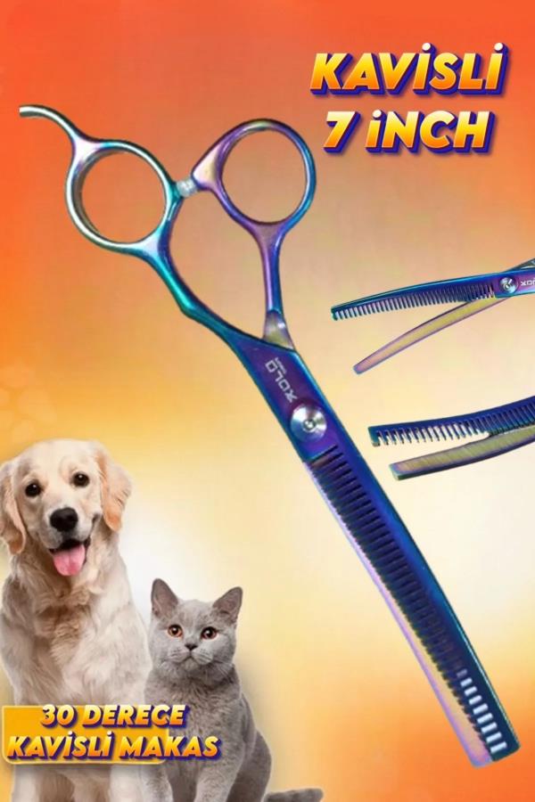 7 İnç Kavisli Tüy Toplama Kesme Dişli Evcil Hayvan Tıraş Makası - Rainbow
