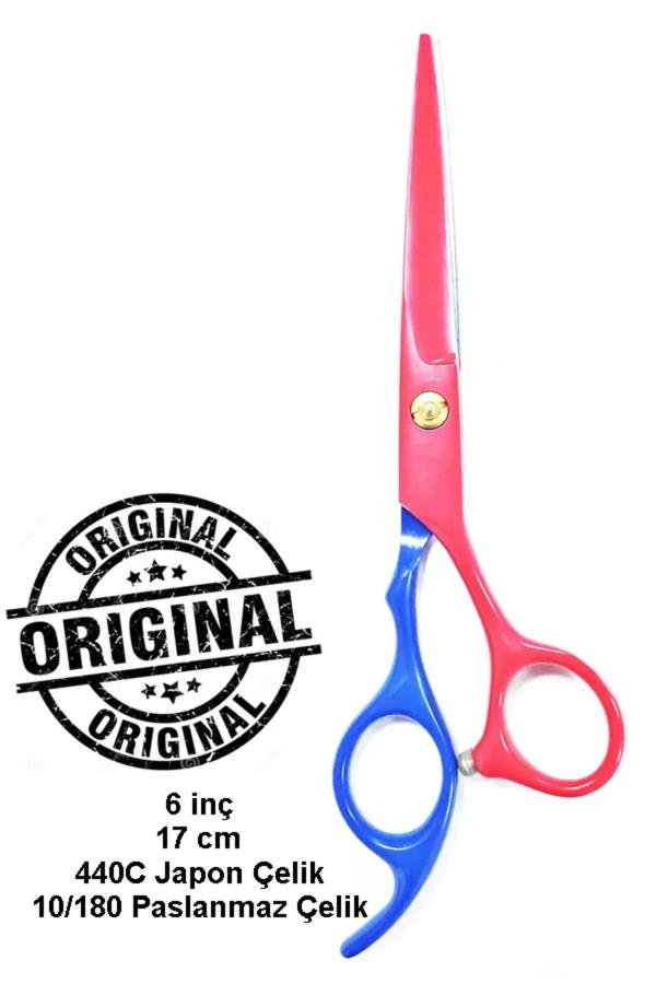 Kuyruklu Kırmızı Mavi Düz Uçlu Saç Kesim Makası 6 inç XLQ586