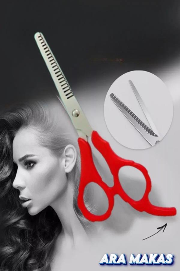 Pvc Saplı Kırmızı Ara Makas Efile Saç Makası