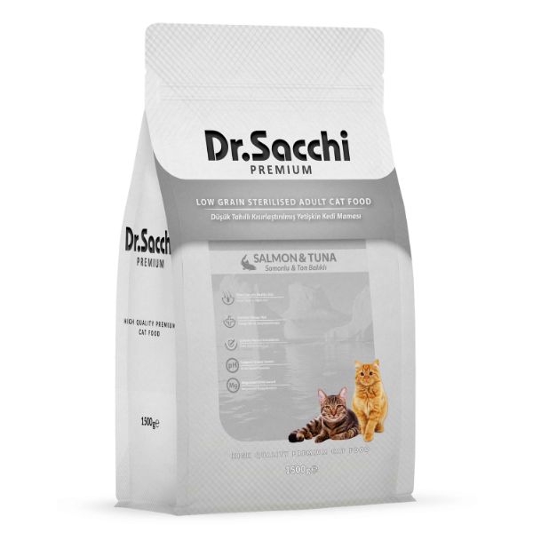 Dr.Sacchi Premium Somonlu ve Ton Balıklı Düşük Tahıllı Kısırlaştırılmış Kedi Maması 1,5kg