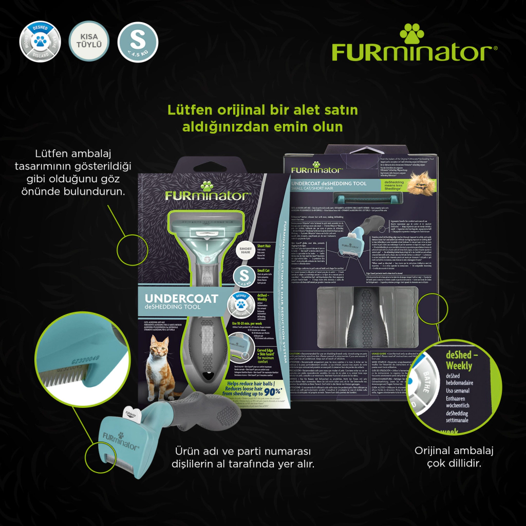 Furminator Kısa Tüylü Kediler için Tüy Toplayıcı Kedi Tarağı 3,9cm [S]