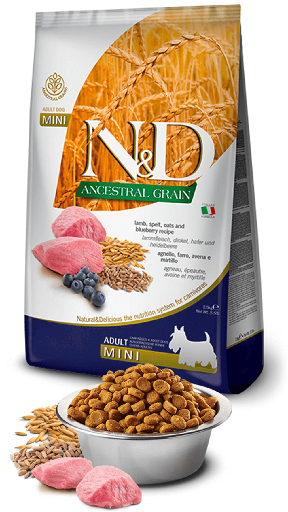 N&D Ancestral Grain Kuzu Etli ve Yaban Mersinli Küçük Irk Yetişkin Köpek Maması 2,5kg