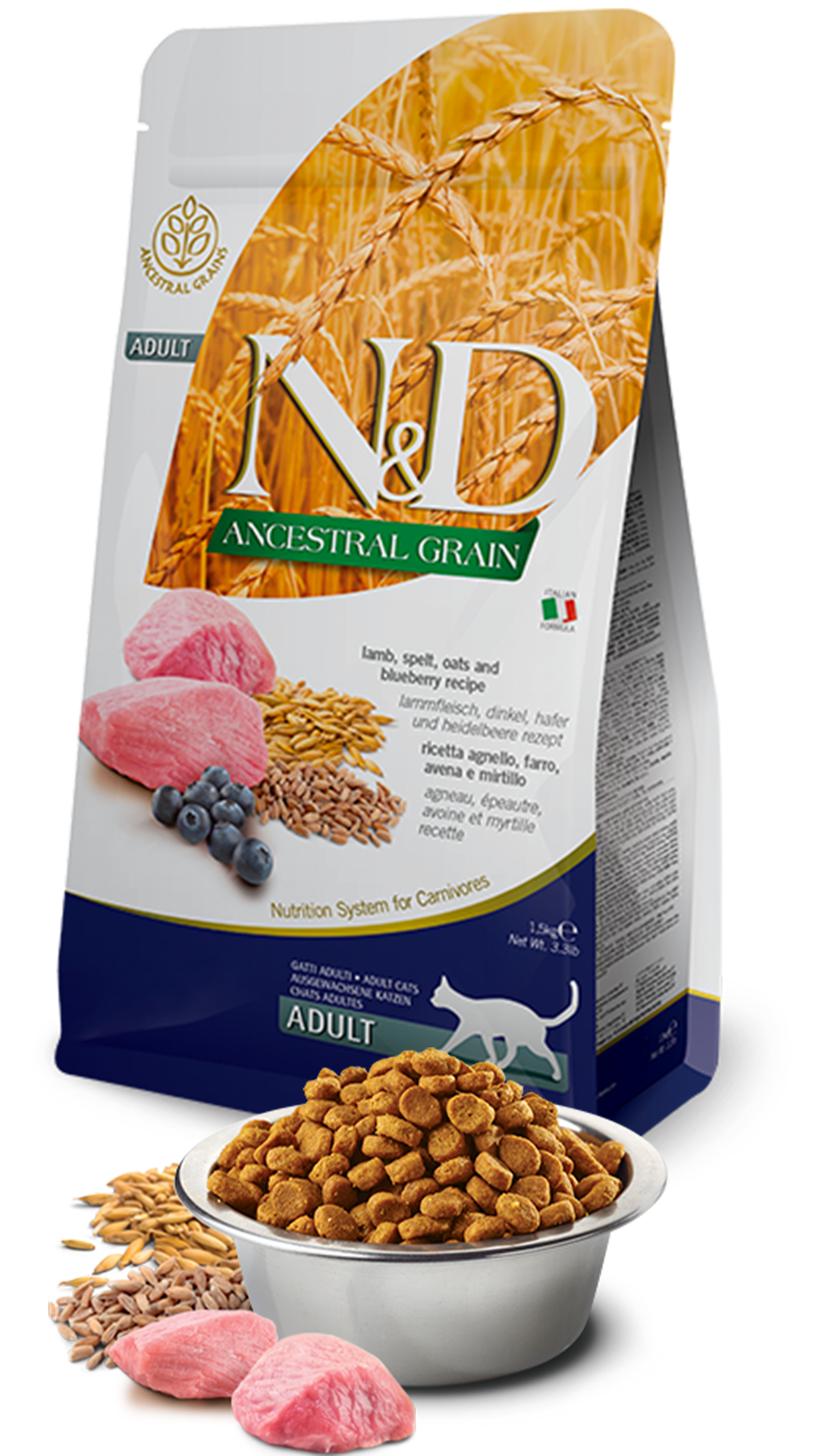 N&D Ancestral Grain Kuzu Etli ve Yaban Mersinli Ata Tahıllı Yetişkin Kedi Maması 1,5kg