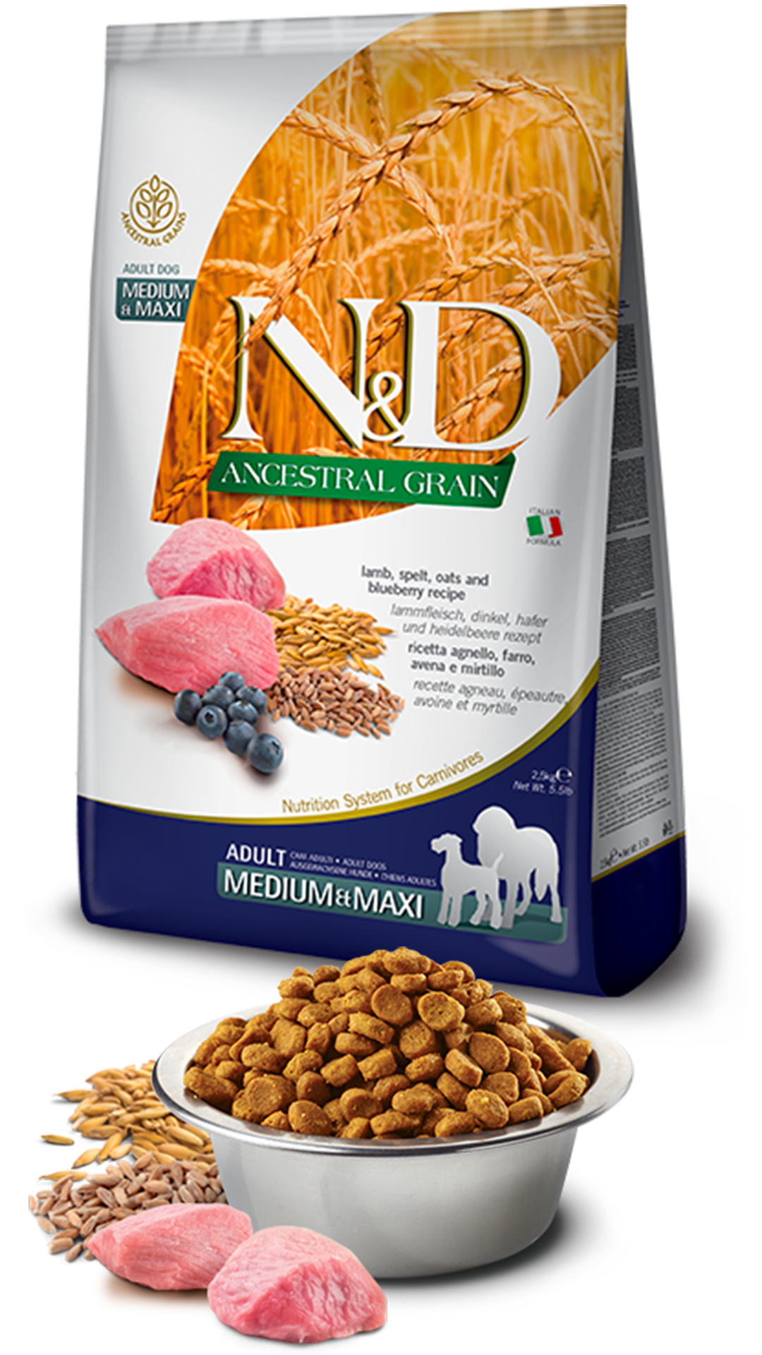 N&D Ancestral Kuzu Etli ve Yaban Mersinli Orta ve Büyük Irk Ata Tahıllı Yetişkin Köpek Maması 12kg