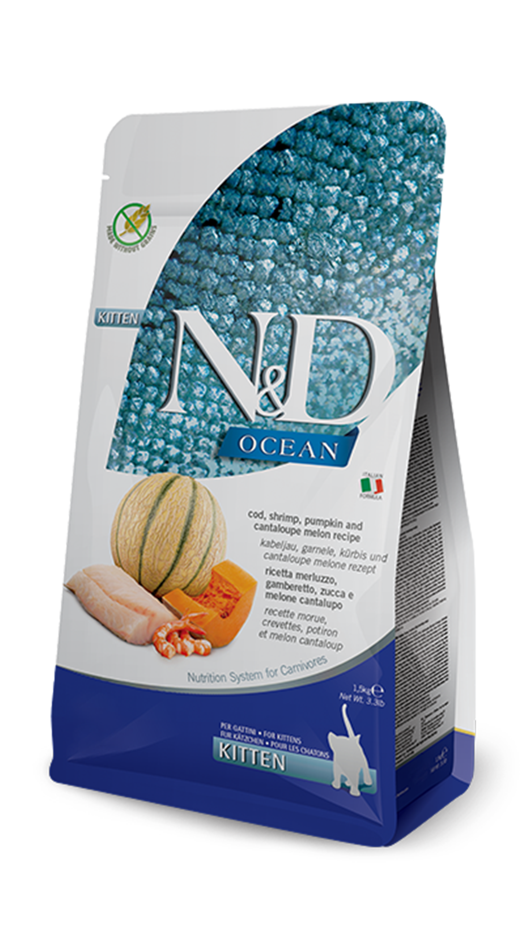 N&D Ocean Morina Balıklı Bal Kabaklı Karidesli ve Kavunlu Tahılsız Yavru Kedi Maması 5kg