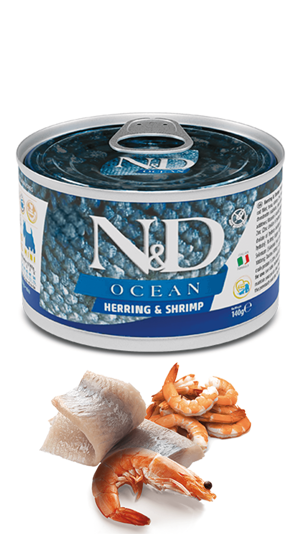 N&D Ocean Ringa Balıklı ve Karidesli Küçük Irk Yetişkin Köpek Konservesi 140gr