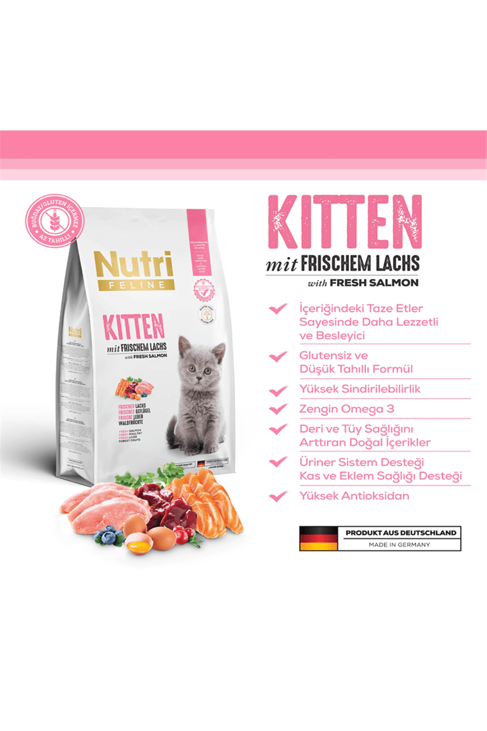 Nutri Feline Glutensiz Somonlu Düşük Tahıllı Yavru Kedi Maması 10 kg