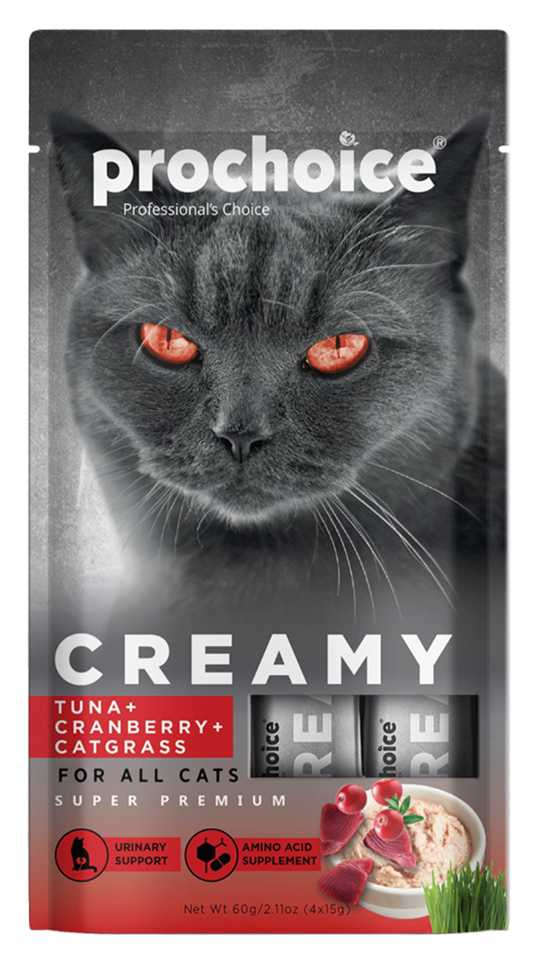 Prochoice Creamy Ton Balık Turna Yemişli ve Kedi Çimli Sıvı Kedi Ödül Maması 4x15 Gr