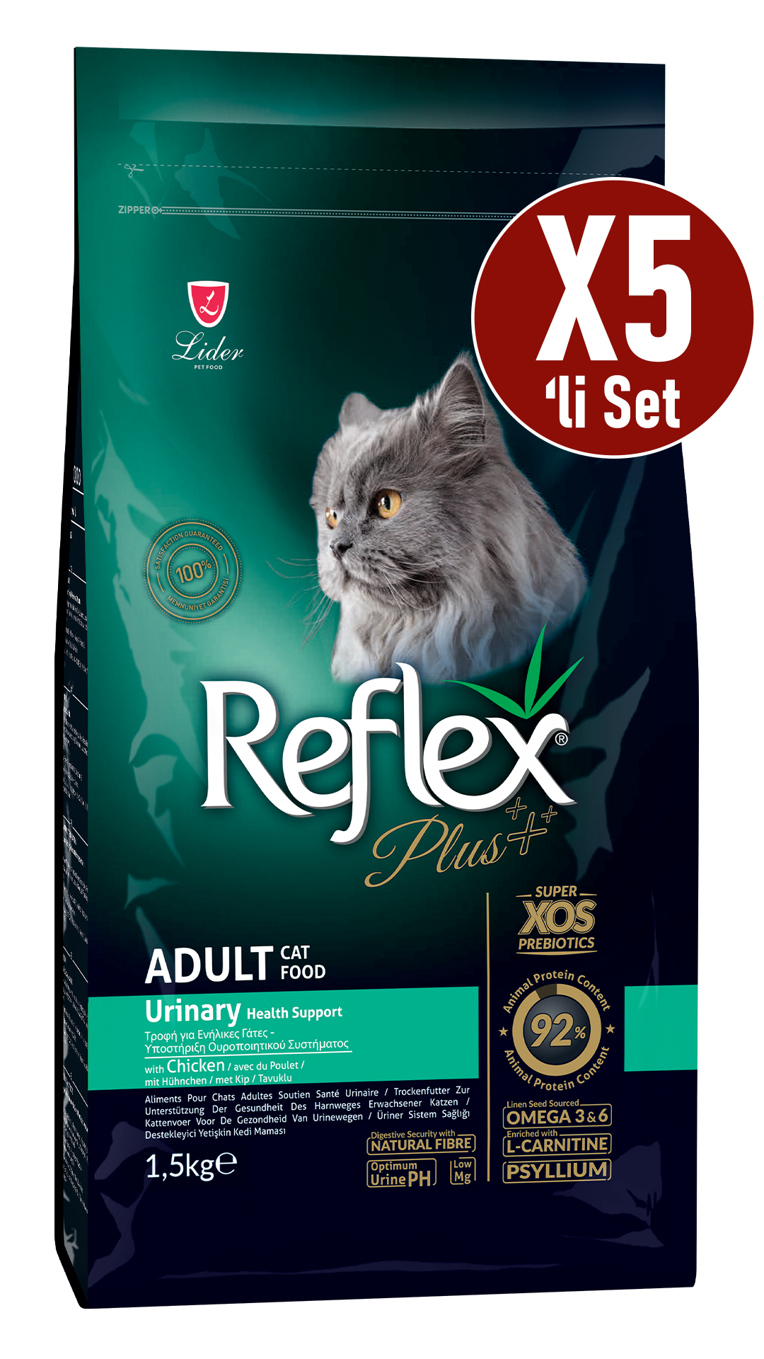 Reflex Plus Urinary Tavuklu Yetişkin Kedi Maması 1,5 Kg 5'li Set