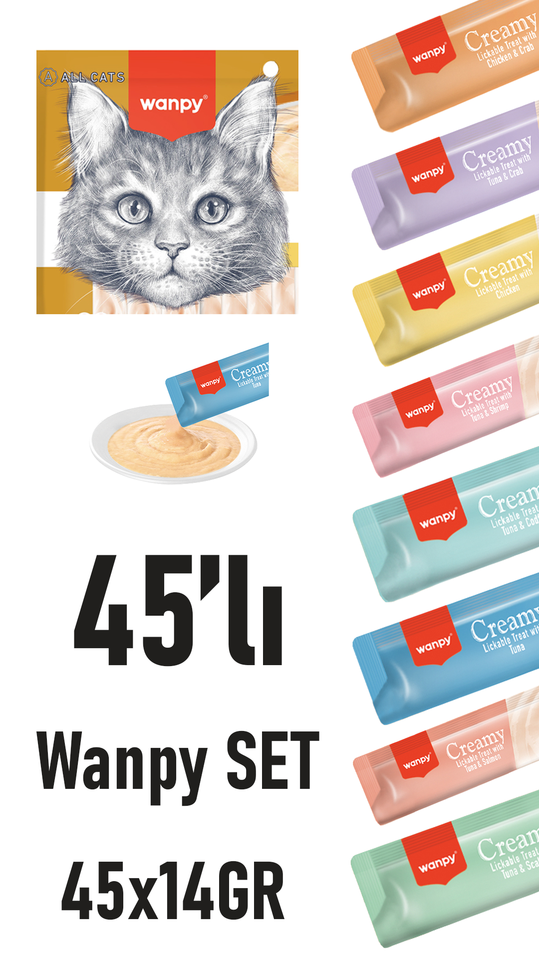 Wanpy Creamy Cat Treat Karışık Krema Sıvı Kedi Ödül Maması 45 Adet X 14 Gram