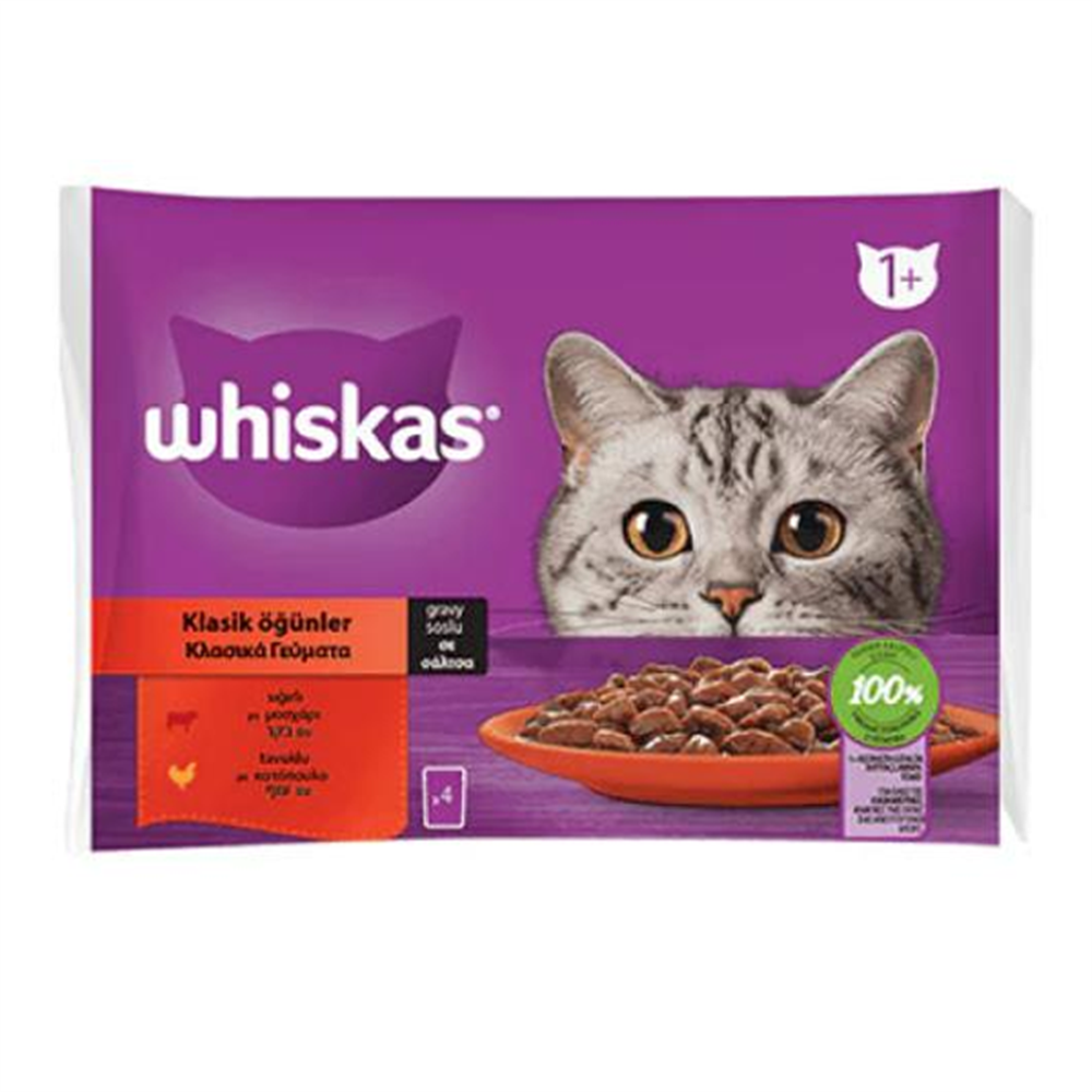 Whiskas Pouch Sos İçinde Sığırlı ve Tavuklu Yetişkin Kedi Konservesi 85 gr (4'lü)