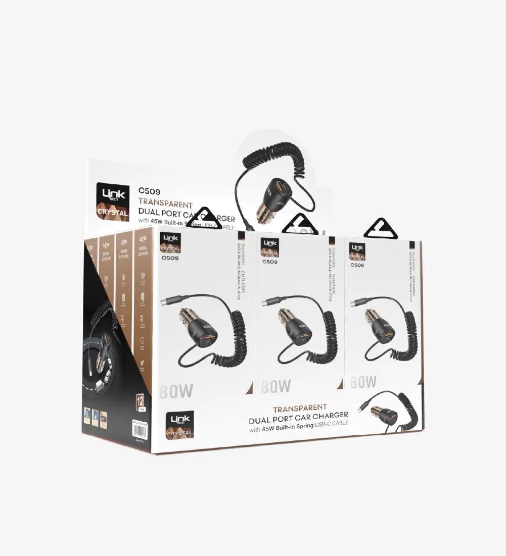 C509 Şeffaf 80W Çift PD & QC Tip-C +Tip-C Kablolu Süper Hızlı Araç Şarj Cihazı 12'li Paket