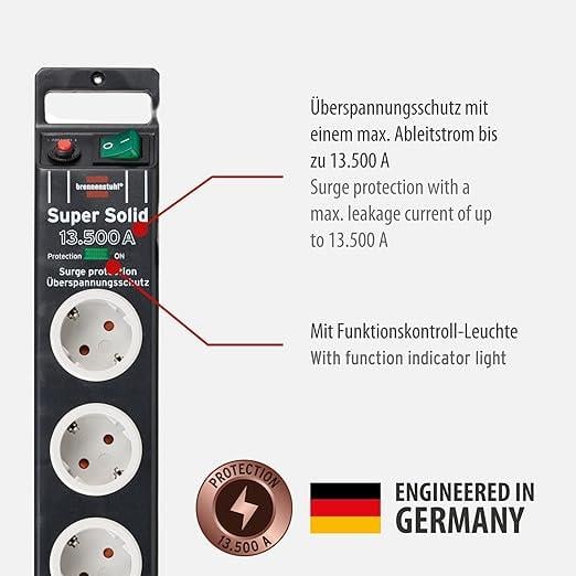 Akım Korumalı PrizlerBrennenstuhl Super-Solid surge protection 13.500 A 8Li Priz Siyah