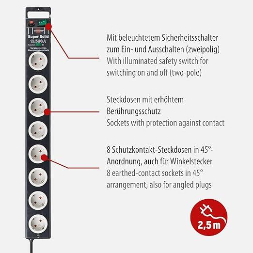Akım Korumalı PrizlerBrennenstuhl Super-Solid surge protection 13.500 A 8Li Priz Siyah