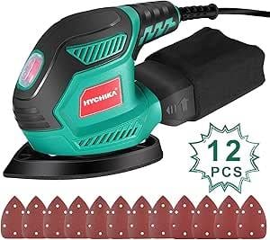 Eksantrik ZımparaHYCHIKA BETTER TOOLS FOR BETTER LIFE Döner zımpara makinesi, 200 W, 14000 devir/dakika, üçgen zımpara, titreşimli, 12 zımpara kağıdı ve toz toplayıcı, dar ve dar odalar için ideal