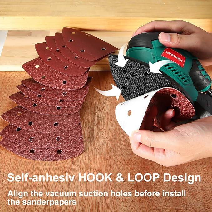 Eksantrik ZımparaHYCHIKA BETTER TOOLS FOR BETTER LIFE Döner zımpara makinesi, 200 W, 14000 devir/dakika, üçgen zımpara, titreşimli, 12 zımpara kağıdı ve toz toplayıcı, dar ve dar odalar için ideal