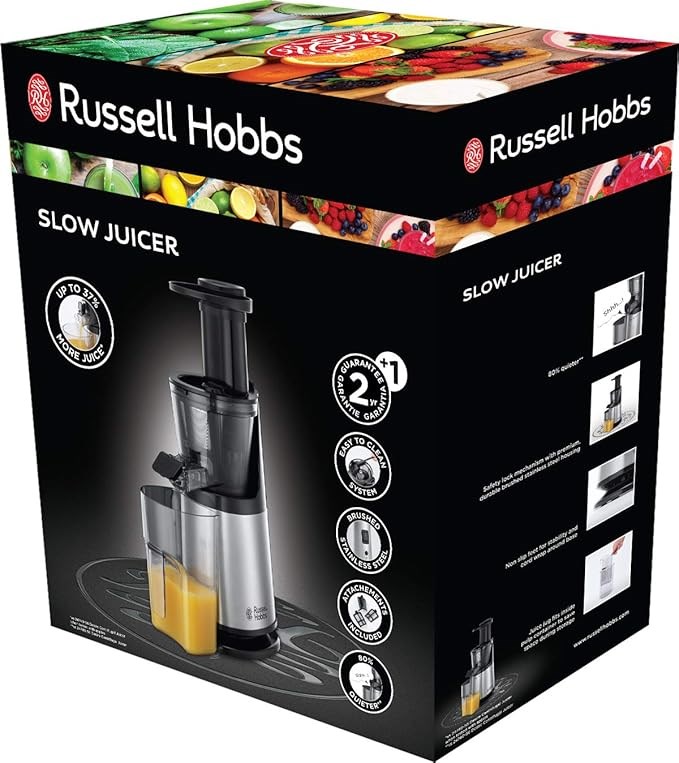 Meyve Narenciye SıkacaklarıOUTLET Russell Hobbs 25170-56 Yavaş Meyve Sıkacağı, 3 Süzgeç Ek Parçası (İnce, Kaba ve Dondurulmuş Meyveler), Siyah