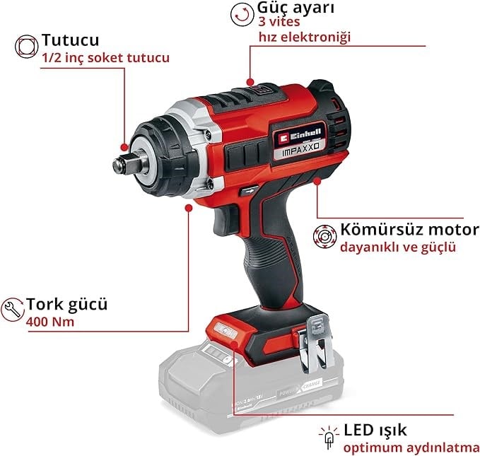 Somun SıkmaEinhell IMPAXXO 18/400, Akülü Darbeli Somun Sıkma Kömürsüz 4510070 (SOLO,Akü ve Şarj İçermez)