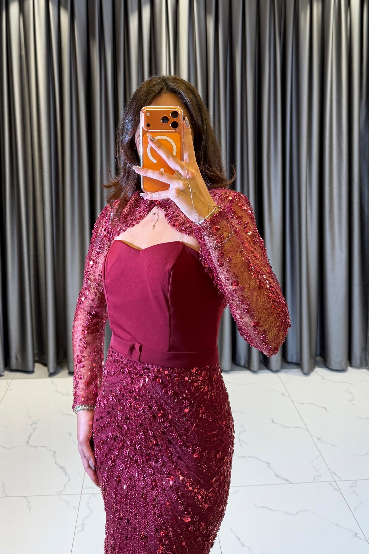 Dantel Detaylı Drape Abiye Elbise BORDO