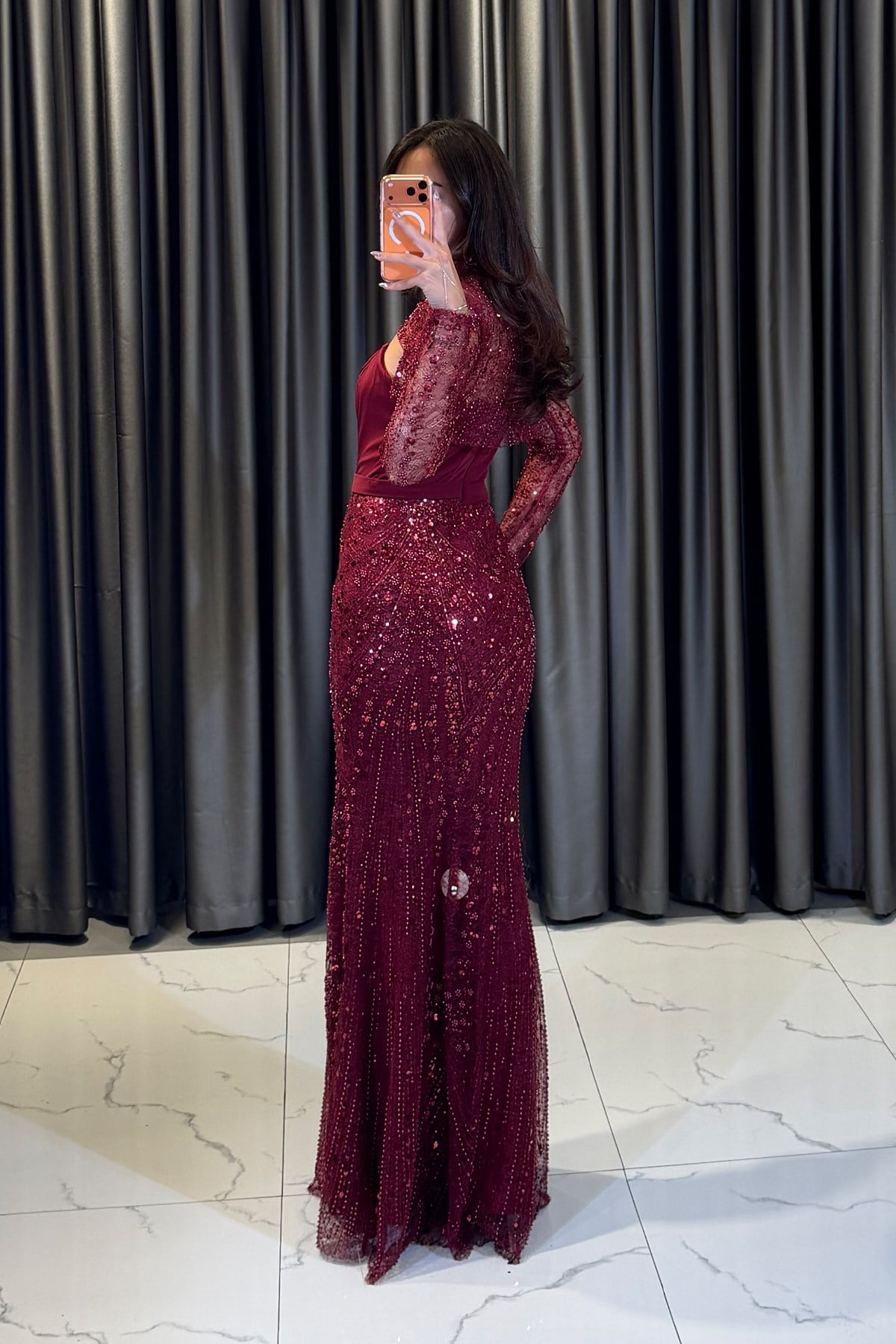 Dantel Detaylı Drape Abiye Elbise BORDO