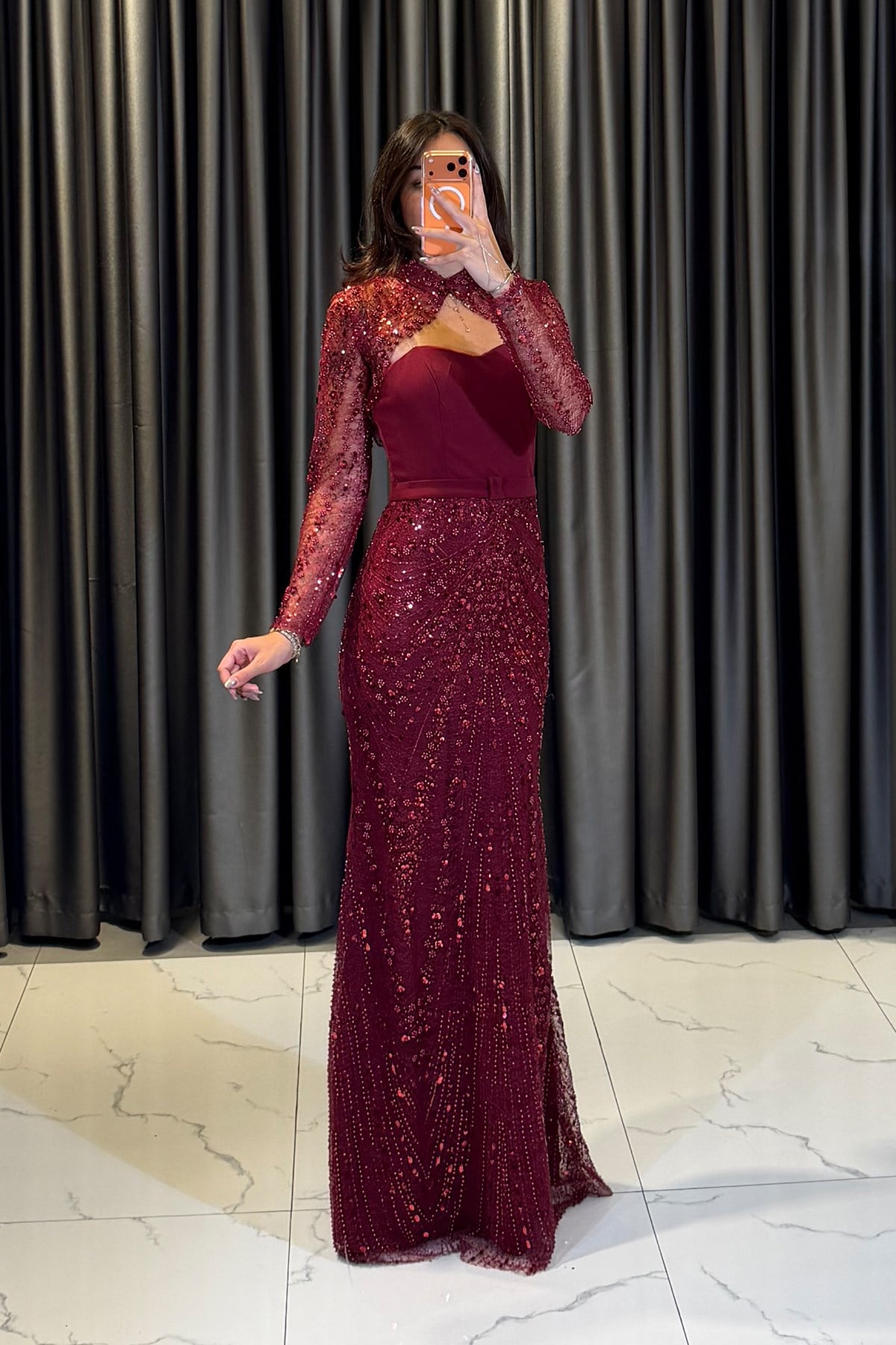Dantel Detaylı Drape Abiye Elbise BORDO