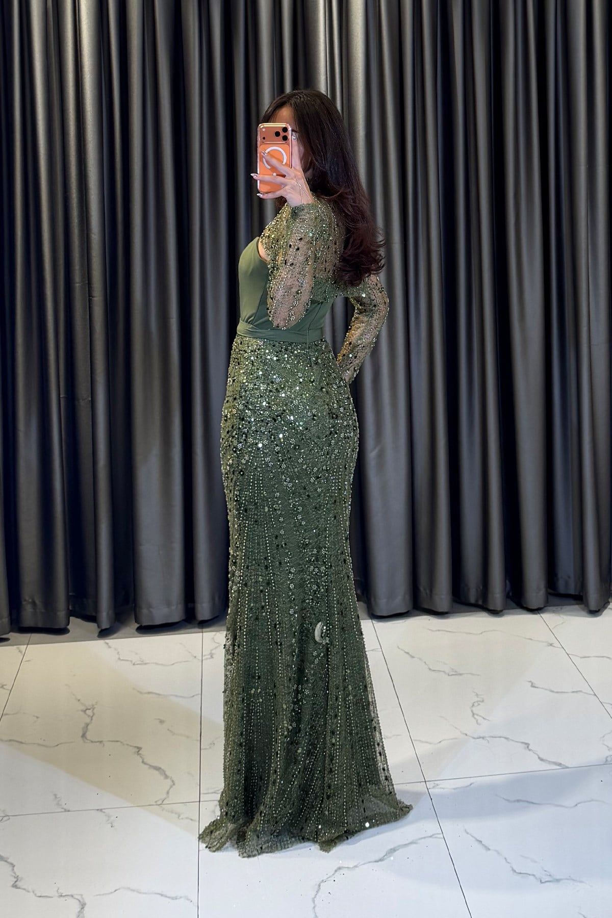 Dantel Detaylı Drape Abiye Elbise HAKİ