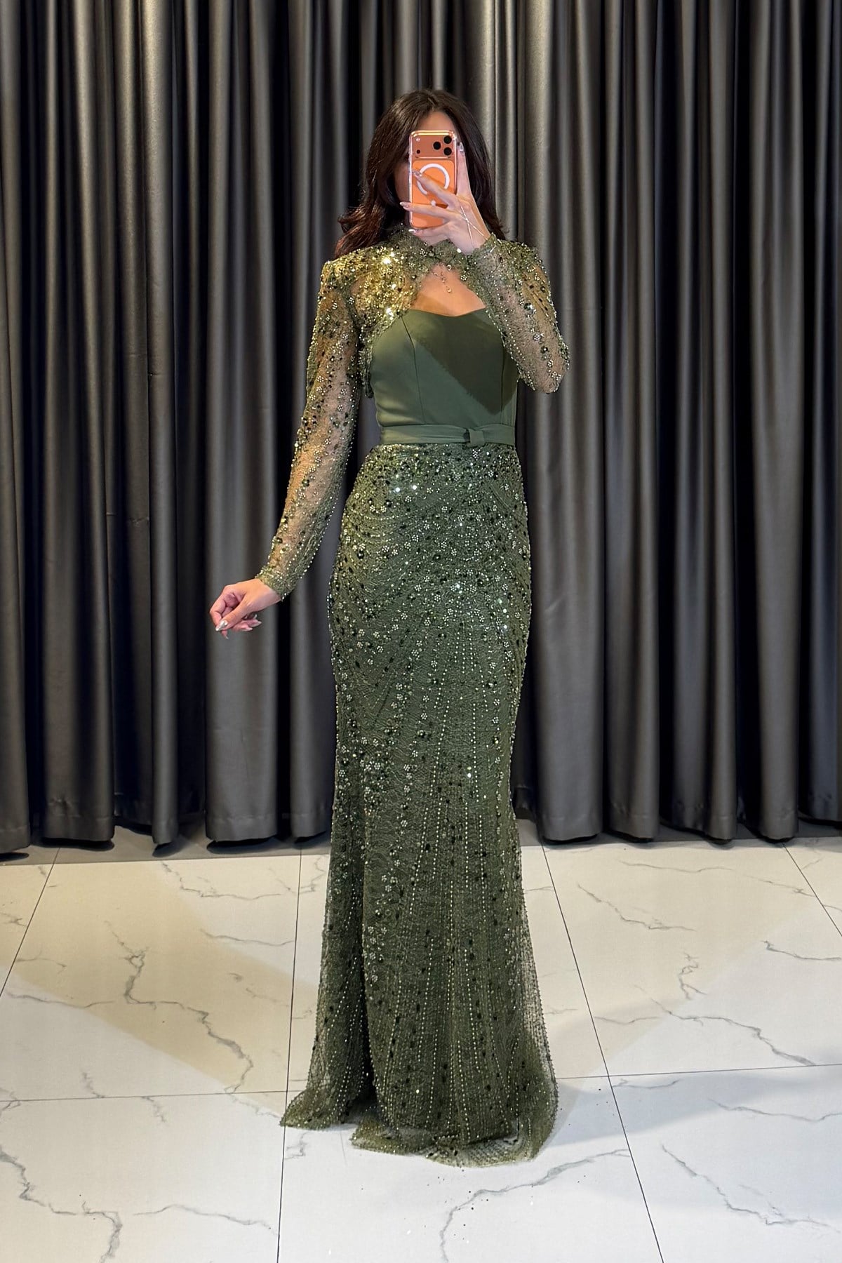 Dantel Detaylı Drape Abiye Elbise HAKİ